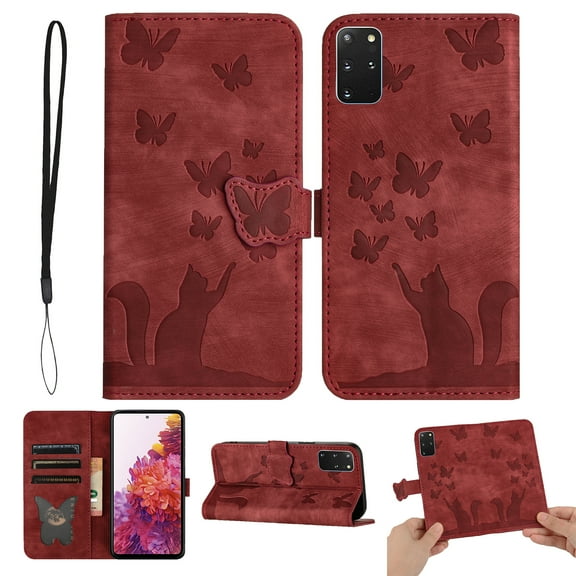 Wallet Case Designed for Samsung Galaxy S20 FE for Women,Flip Folio Cover with Butterfly Embossed PU Leather Kickstand Credit Card Holder Slots Magnetic Wrist Strap Phone Case, Winered