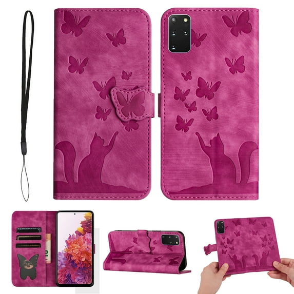 Wallet Case Designed for Samsung Galaxy S20 Plus for Women,Flip Folio Cover with Butterfly Embossed PU Leather Kickstand Credit Card Holder Slots Magnetic Wrist Strap Phone Case, Rose