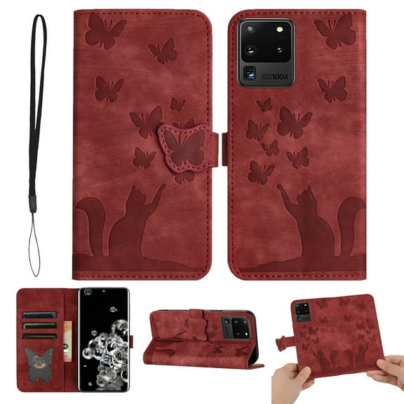 Wallet Case Designed for Samsung Galaxy S20 Ultra for Women,Flip Folio Cover with Butterfly Embossed PU Leather Kickstand Credit Card Holder Slots Magnetic Wrist Strap Phone Case, Winered
