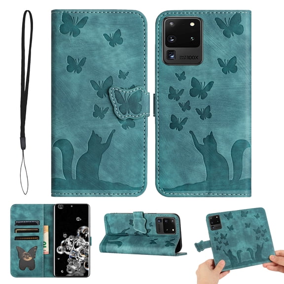 Wallet Case Designed for Samsung Galaxy S20 Ultra for Women,Flip Folio Cover with Butterfly Embossed PU Leather Kickstand Credit Card Holder Slots Magnetic Wrist Strap Phone Case, Green