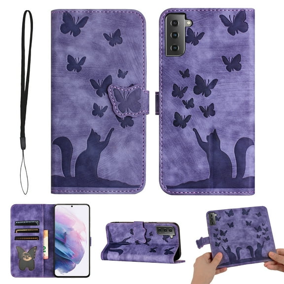 Wallet Case Designed for Samsung Galaxy S21 Plus for Women,Flip Folio Cover with Butterfly Embossed PU Leather Kickstand Credit Card Holder Slots Magnetic Wrist Strap Phone Case, Purple