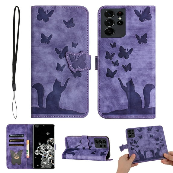 Wallet Case Designed for Samsung Galaxy S21 Ultra for Women,Flip Folio Cover with Butterfly Embossed PU Leather Kickstand Credit Card Holder Slots Magnetic Wrist Strap Phone Case, Purple