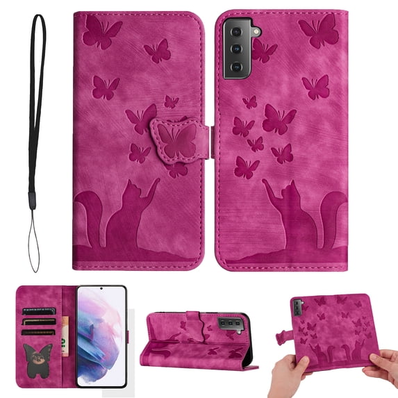 Wallet Case Designed for Samsung Galaxy S21 for Women,Flip Folio Cover with Butterfly Embossed PU Leather Kickstand Credit Card Holder Slots Magnetic Wrist Strap Phone Case, Rose
