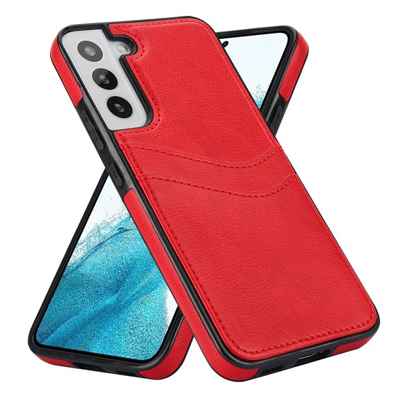 Wallet Case Designed for Samsung Galaxy S22, Classic Slim 2 Credit Card Holders Lychee Texture Synthetic PU Leather Anti-shock Lightweight Phone Case Cover for Samsung Galaxy S22, Red