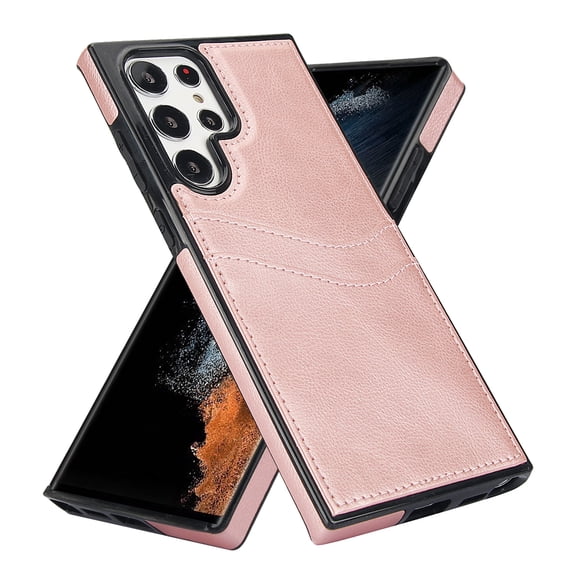 Wallet Case Designed for Samsung Galaxy S22 Ultra, Classic Slim 2 Credit Card Holders Lychee Texture Synthetic PU Leather Anti-shock Lightweight Phone Case Cover for Samsung Galaxy S22 Ultra, Rosegold