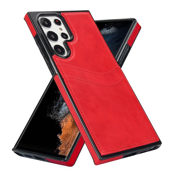 Wallet Case Designed for Samsung Galaxy S22 Ultra, Classic Slim 2 Credit Card Holders Lychee Texture Synthetic PU Leather Anti-shock Lightweight Phone Case Cover for Samsung Galaxy S22 Ultra, Red