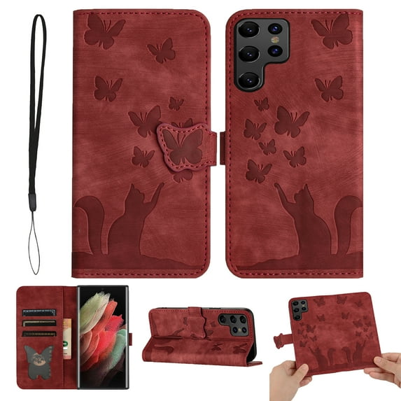 Wallet Case Designed for Samsung Galaxy S23 Ultra for Women,Flip Folio Cover with Butterfly Embossed PU Leather Kickstand Credit Card Holder Slots Magnetic Wrist Strap Phone Case, Winered