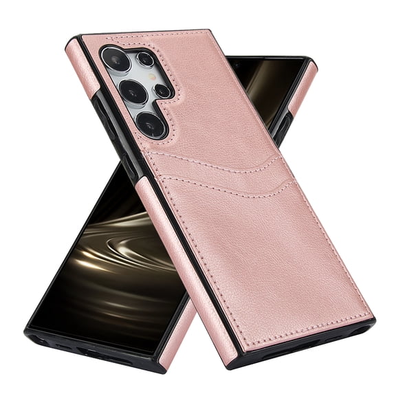 Wallet Case Designed for Samsung Galaxy S24 Ultra, Classic Slim 2 Credit Card Holders Lychee Texture Synthetic PU Leather Anti-shock Lightweight Phone Case Cover for Samsung Galaxy S24 Ultra, Rosegold