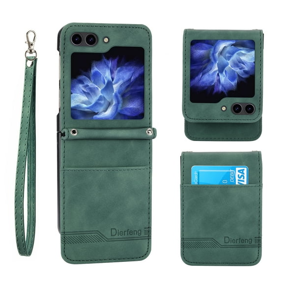 Wallet Case Designed for Samsung Galaxy Z Flip 6 5G, Premium PU Leather Classic for Men Women Card Slot Wrist Strap Shockproof Phone Cover for Samsung Galaxy Z Flip 6, Green