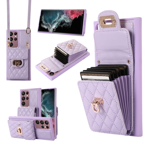Wallet Case Designed for Samsung S20 Ultra, with 6 Card Holder Slots RFID Blocking Shoulder Wallet Case Crossbody Strap Shockproof Leather Kickstand Phone Casefor Samsung Galaxy S20 Ultra, Purple