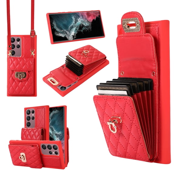 Wallet Case Designed for Samsung S20 Ultra, with 6 Card Holder Slots RFID Blocking Shoulder Wallet Case Crossbody Strap Shockproof Leather Kickstand Phone Casefor Samsung Galaxy S20 Ultra, Red