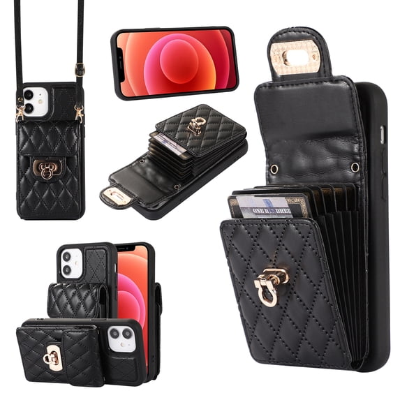 Wallet Case Designed for iPhone 11, with 6 Card Holder Slots RFID Blocking Shoulder Wallet Case Crossbody Strap Shockproof Leather Kickstand Phone Case For iPhone 11, Black