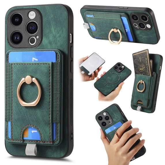 Wallet Case Designed for iPhone 11 with Detachable Card Holder, Rotation Ring Kickstand Case, Magnetic Vintage PU Leather Cover Compatible with MagSafe Shockproof Case for iPhone 11, Green