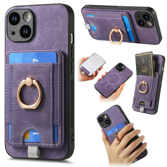 Wallet Case Designed for iPhone 13 Mini with Detachable Card Holder, Rotation Ring Kickstand Case, Magnetic Vintage PU Leather Cover Compatible with MagSafe Shockproof Case for iPhone 13 Mini, Purple