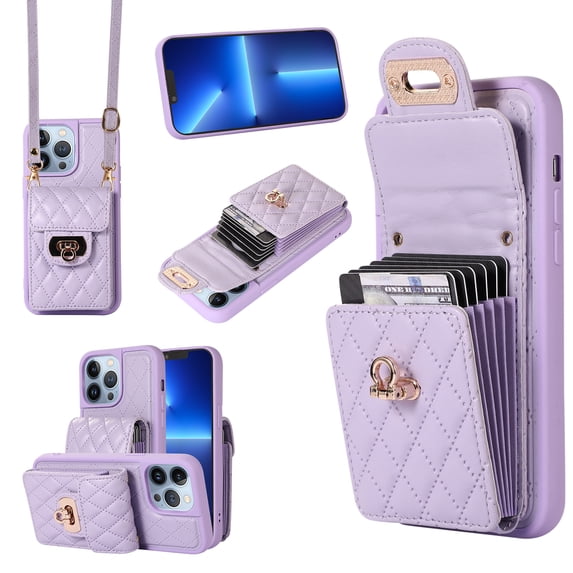 Wallet Case Designed for iPhone 13 Pro Max, with 6 Card Holder Slots RFID Blocking Shoulder Wallet Case Crossbody Strap Shockproof Leather Kickstand Phone Case For iPhone 13 Pro Max, Purple