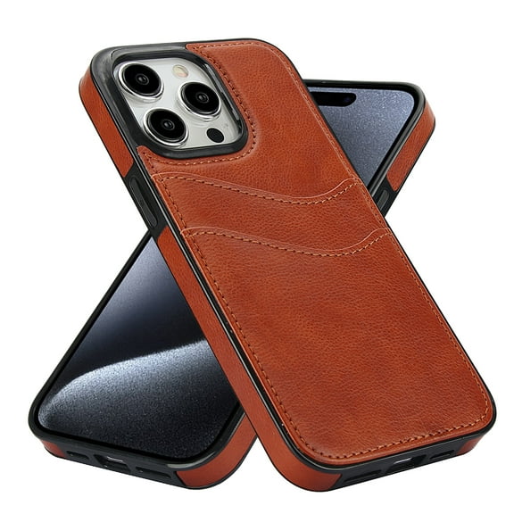 Wallet Case Designed for iPhone 16 Pro, Classic Slim 2 Credit Card Holders Lychee Texture Synthetic PU Leather Anti-shock Lightweight Phone Case Cover for iPhone 16 Pro, Brown