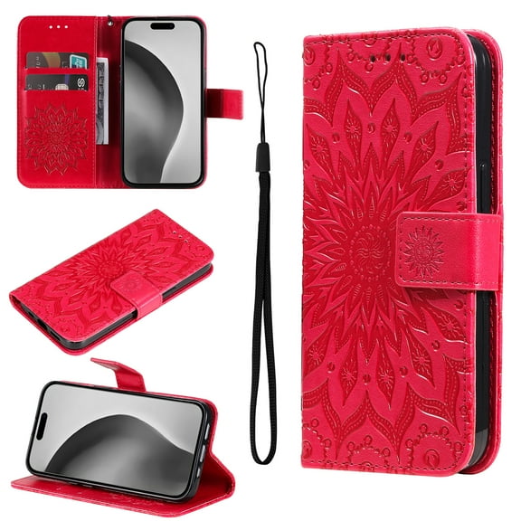 Wallet Case Designed for iPhone XR, Slim Sunflower Embossed Magnetic Closure Card Holder Slots PU Leather Flip Stand function Cover with Wrist Strap for iPhone XR,Red