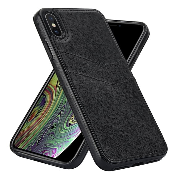 Wallet Case Designed for iPhone XS Max, Classic Slim 2 Credit Card Holders Lychee Texture Synthetic PU Leather Anti-shock Lightweight Phone Case Cover for iPhone XS Max, Black