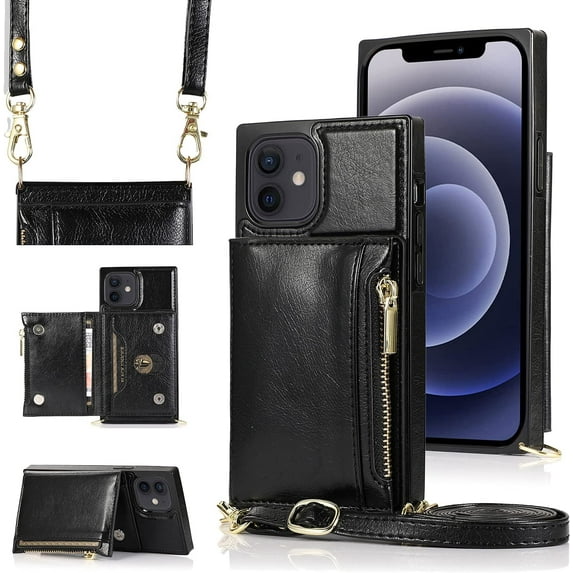 Wallet Case Fit for Apple iPhone 12 Mini 5.4“,Adjustable Crossbody Zipper Cover with Card Holder Slot Neck Strap Lanyard Purse Shoulder Strap Purse Case for iPhone 12 Mini FK Black