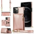 thumbnail image 1 of Wallet Case Fit for iPhone 12 6.1“,Adjustable Crossbody Zipper Cover with Card Holder Slot Neck Strap Lanyard Purse Shoulder Strap Purse Case for iPhone 12 Pro FK Rose Gold, 1 of 12