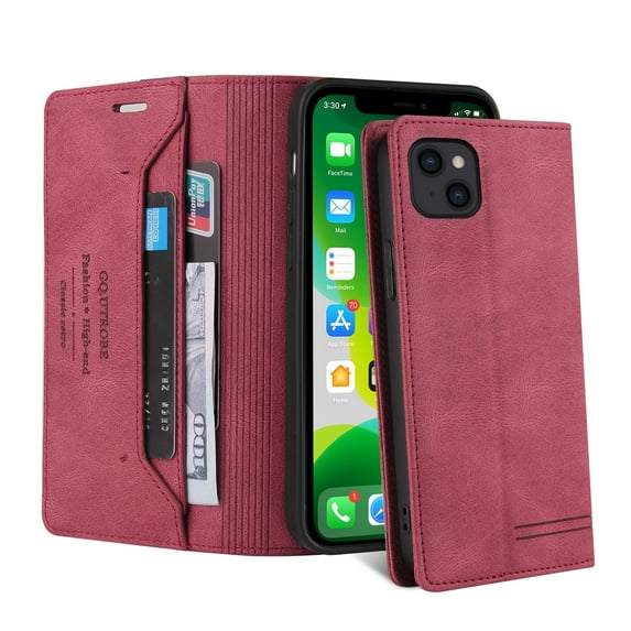 Wallet Case For Apple iPhone 13 6.1 inch,Hidden Magnetic Flip Kickstand Folio Solid Color Leather Wallet Case with RFID Blocking Card Cash Pocket Protective Phone Case For iPhone 13,Red