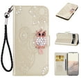 thumbnail image 1 of Wallet Case For Google Pixel 7 Pro, Embossed Owl Bling Diamond Premium PU Leather [Folio Flip][Kickstand][Card Slots][Wrist Strap][Kickstand]Phone Cover For Google Pixel 7 Pro, Gold, 1 of 5