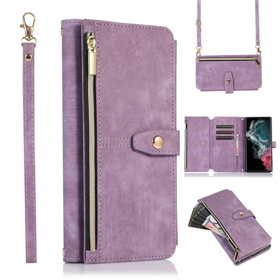 Wallet Case for For Google Pixel 7A with Zipper Pouch,Magnetic PU Leather Flip Folio Stand Card Slot with Hand Strap and Cross Body Strap Case Cover for For Google Pixel 7A, Purple
