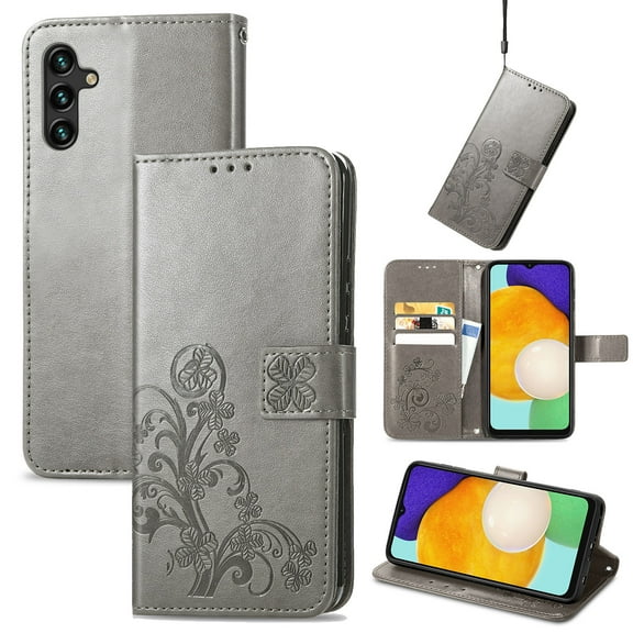 Wallet Case For Samsung A13 5G, Clover Embossed Magnetic Closure Premium PU Leather [Folio Flip][Kickstand][Card Slots][Wrist Strap][Kickstand]Phone Cover For Samsung Galaxy A13 5G, Gray