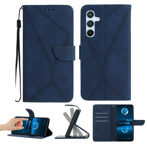 Wallet Case For Samsung A35, RFID Blocking Magnetic Flip Case with Card Slots Holder Kickstand Wrist Strap, PU Leather Folio Shockproof Protective Cover For Samsung Galaxy A35, Darkblue