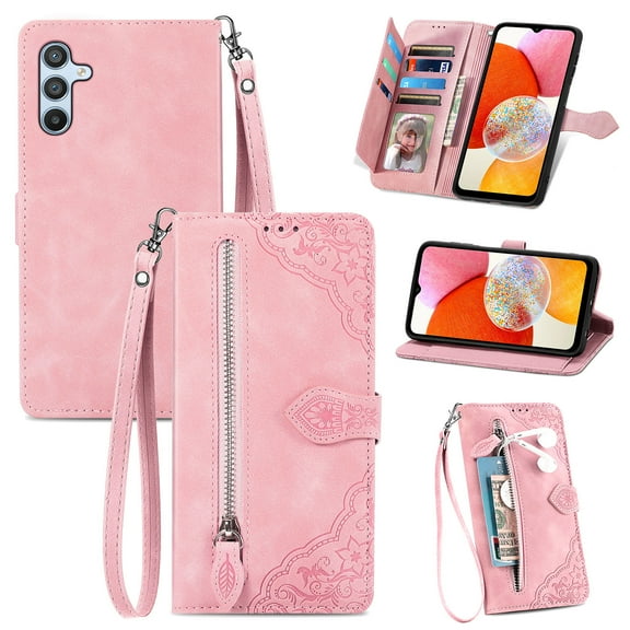 Wallet Case For Samsung Galaxy A15,Decase Elegant Style Embossed Flower Pattern PU Leather Premium Designed Phone Covers Flip Strap Zipper Card Holder Case with Wristband Strap,Pink