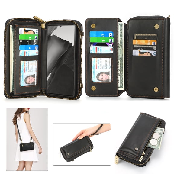 Wallet Case For Samsung Galaxy Note 20 Ultra,Crossbody Cover with Long Shoulder Strap Lanyard Magnetic Zipper Card Cash Pockets Shockproof Retro Leather Case For Samsung Galaxy Note 20 Ultra,Black