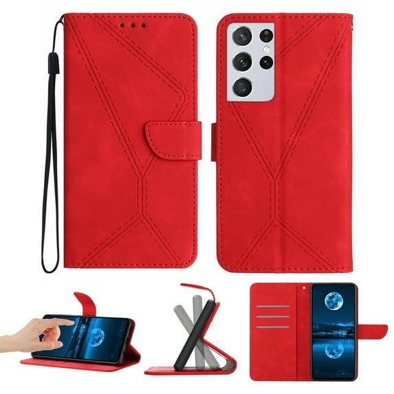 Wallet Case For Samsung Galaxy S21 Ultra, RFID Blocking Magnetic Flip Case with Card Slots Holder Kickstand Wrist Strap, PU Leather Folio Shockproof Protective Cover, Red