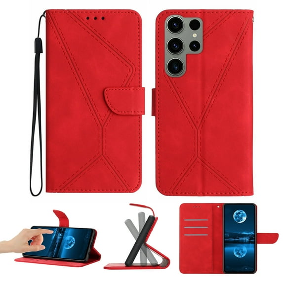 Wallet Case For Samsung Galaxy S22 Ultra, RFID Blocking Magnetic Flip Case with Card Slots Holder Kickstand Wrist Strap, PU Leather Folio Shockproof Protective Cover, Red