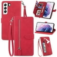 thumbnail image 1 of Wallet Case For Samsung Galaxy S24,Decase Elegant Style Embossed Flower Pattern PU Leather Premium Designed Phone Covers Flip Strap Zipper Card Holder Case with Wristband Strap,Red, 1 of 12