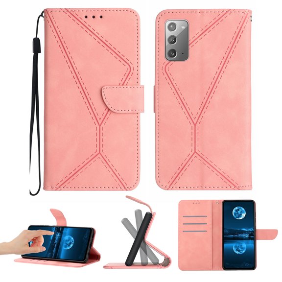 Wallet Case For Samsung Note 20, RFID Blocking Magnetic Flip Case with Card Slots Holder Kickstand Wrist Strap, PU Leather Folio Shockproof Protective Cover For Samsung Galaxy Note 20, Pink