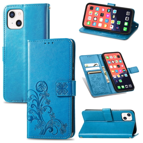 Wallet Case For iPhone 13, Clover Embossed Magnetic Closure Premium PU Leather [Folio Flip][Kickstand][Card Slots][Wrist Strap][Kickstand]Phone Cover For iPhone 13, Blue