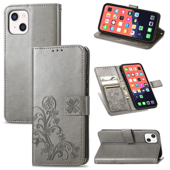 Wallet Case For iPhone 13, Clover Embossed Magnetic Closure Premium PU Leather [Folio Flip][Kickstand][Card Slots][Wrist Strap][Kickstand]Phone Cover For iPhone 13, Gray