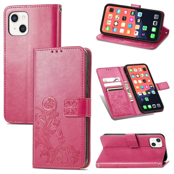 Wallet Case For iPhone 13, Clover Embossed Magnetic Closure Premium PU Leather [Folio Flip][Kickstand][Card Slots][Wrist Strap][Kickstand]Phone Cover For iPhone 13, Rose