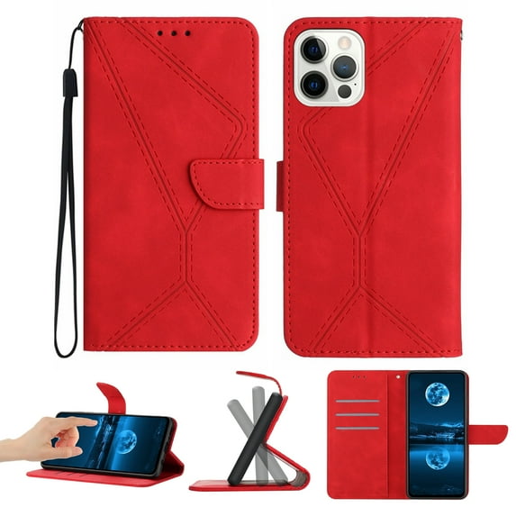 Wallet Case For iPhone 15 Pro, RFID Blocking Magnetic Flip Case with Card Slots Holder Kickstand Wrist Strap, PU Leather Folio Shockproof Protective Cover For iPhone 15 Pro, Red