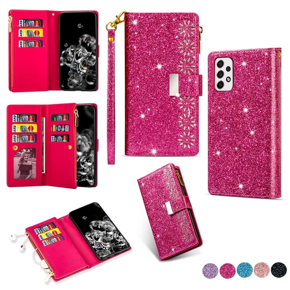 Wallet Case for Galaxy A03s, Glitter Bling Flip Folio Leather Protective Magnetic Stand Zipper Purse Phone Cover with Card Slot Holder Wrist Strap for Women For Samsung Galaxy A03s,
Rose