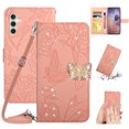 thumbnail image 1 of Wallet Case for Galaxy A14 5G, Allytech PU Leather Butterfly Emboosed Glitter Shoulder Strap Hand Wrist Shockproof Bumper Cards Holder Cash Pocket Cover Case for Samsung Galaxy A14 5G - Pink, 1 of 12