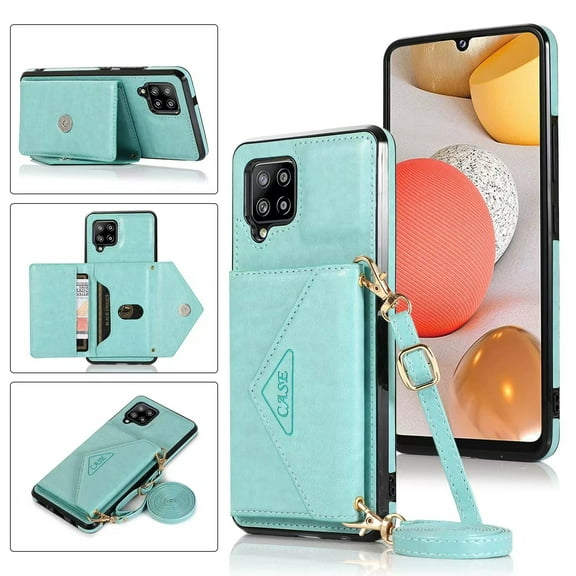 Wallet Case for Galaxy A22 5G, Detachable Crossbody Lanyard Strap PU Leather+Soft TPU Bumper Magnetic Clasp Back Flip Credit Card Slots Kickstand Cover for Samsung Galaxy A22 5G, Mint
