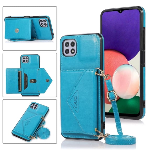 Wallet Case for Galaxy A22 5G, Detachable Crossbody Lanyard Strap PU Leather+Soft TPU Bumper Magnetic Clasp Back Flip Credit Card Slots Kickstand Cover for Samsung Galaxy A22 5G, Blue
