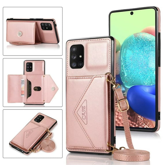 Wallet Case for Galaxy A51 5G, Detachable Crossbody Lanyard Strap PU Leather+Soft TPU Bumper Magnetic Clasp Back Flip Credit Card Slots Kickstand Cover for Samsung Galaxy A51 5G, Rosegold