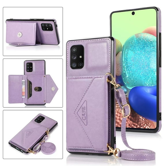 Wallet Case for Galaxy A72, Detachable Crossbody Lanyard Strap PU Leather+Soft TPU Bumper Magnetic Clasp Back Flip Credit Card Slots Kickstand Cover for Samsung Galaxy A72, Purple