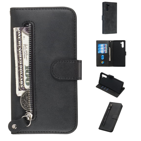 Wallet Case for Galaxy Note 10+ Plus 6.8" 2019, Allytech Flip Leather Folio Stand Cash Cards Holder Zipper Pocket Protection Shockproof Retro Book Style Cover for Samsung Galaxy Note 10 Plus,Black