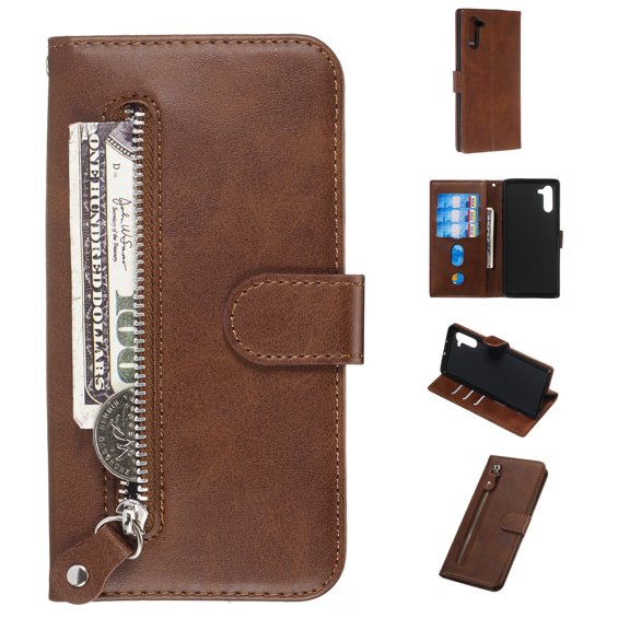 Wallet Case for Galaxy Note 10+ Plus 6.8" 2019, Allytech Flip Leather Folio Stand Cash Cards Holder Zipper Pocket Protection Shockproof Retro Book Style Cover for Samsung Galaxy Note 10 Plus,Brown