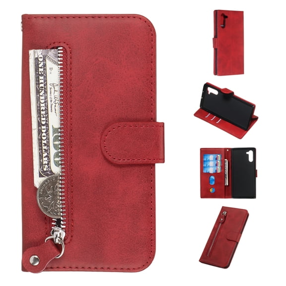 Wallet Case for Galaxy Note 10+ Plus 6.8" 2019, Allytech Flip Leather Folio Stand Cash Cards Holder Zipper Pocket Protection Shockproof Retro Book Style Cover for Samsung Galaxy Note 10 Plus,Red