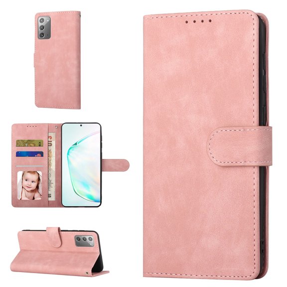 Wallet Case for Galaxy Note 20 Credit Card Holder,  [RFID Blocking] Soft inner Cover PU Leather With Strap Kickstand Magnetic Flip Folding Cover Compatible with Samsung Galaxy Note 20,Pink