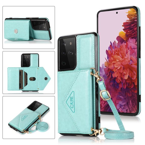 Wallet Case for Galaxy S21 Ultra, Detachable Crossbody Lanyard Strap PU Leather+Soft TPU Bumper Magnetic Clasp Back Flip Credit Card Slots Kickstand Cover for Samsung Galaxy S21 Ultra, Mint